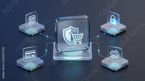 Secure Online Shopping System With Protected Cart Payment Card and Storefront Icons
