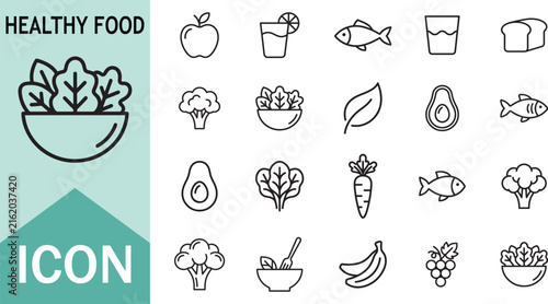Healthy food icon set apple broccoli and salad bowl symbols vector