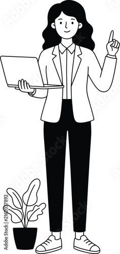 Professional Businesswoman Holding Laptop and Presenting – Minimal Line Art Illustration