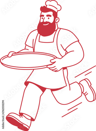Bearded Chef Carrying Serving Tray – Minimal Line Art Illustration