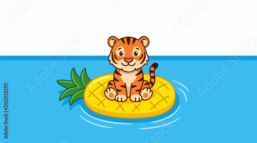 Cartoon Tiger Cub Sitting on Pineapple Float in Water