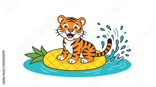 Cartoon Tiger Sitting on Pineapple Floating in Water