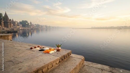 Ritual offerings on stone steps by holy river at sunrise