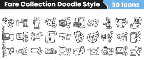 Hand drawn collection of black and white fare payment icons