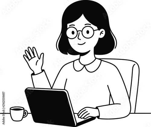 Young Woman Working on Laptop and Waving Hand Minimal Line Art Vector Illustration