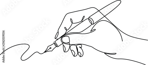 Foto Continuous line drawing of hand holding fountain pen, minimalist writing vector