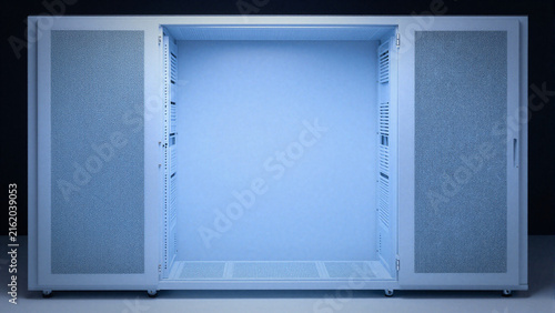 Modern server rack enclosure cabinet with open doors and cool blue interior lighting