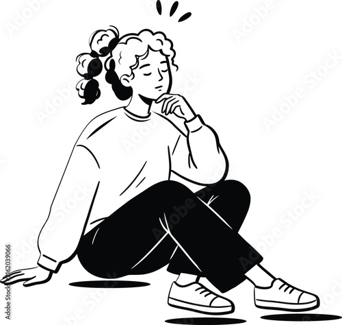 Thoughtful Young Woman Sitting in Casual Clothes Minimal Line Art Vector Illustration