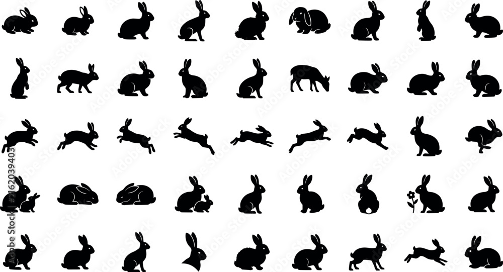 Fototapeta premium Rabbit Silhouette Icons Collection with Running, Sitting and Jumping Poses Vector Set