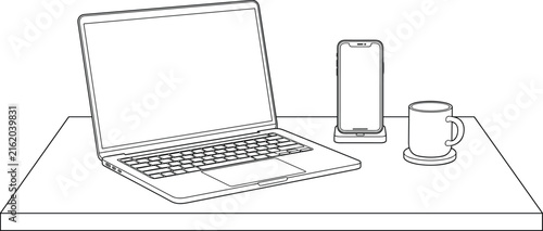 Laptop computer, smartphone on charging stand, and coffee cup on office desk line art vector illustration.