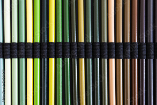 close-up of green and brown colored pencils neatly lined up in pencil case, concept of creativity, drawing, education and art supplies