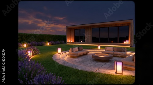 A serene patio and landscaped garden illuminated at dusk.