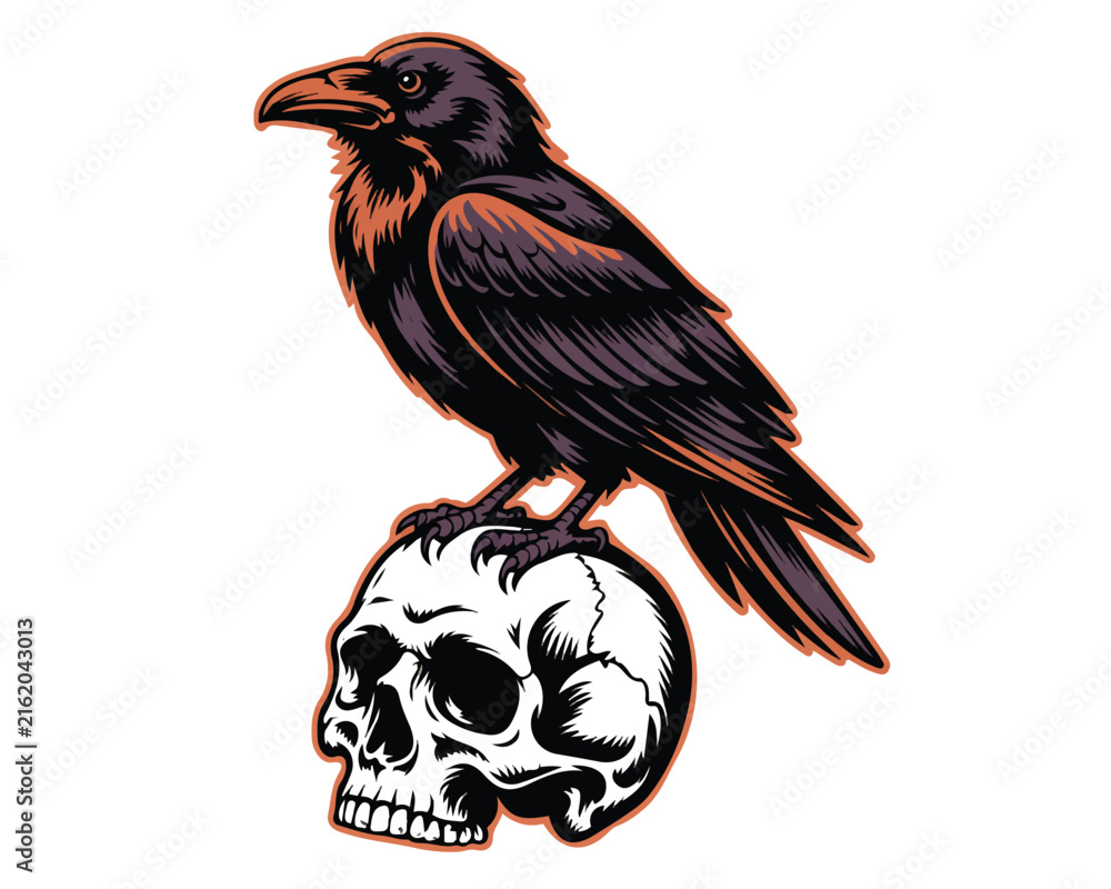Naklejka premium Black Raven Perched on Human Skull Gothic Halloween Vector Illustration Isolated on White Background