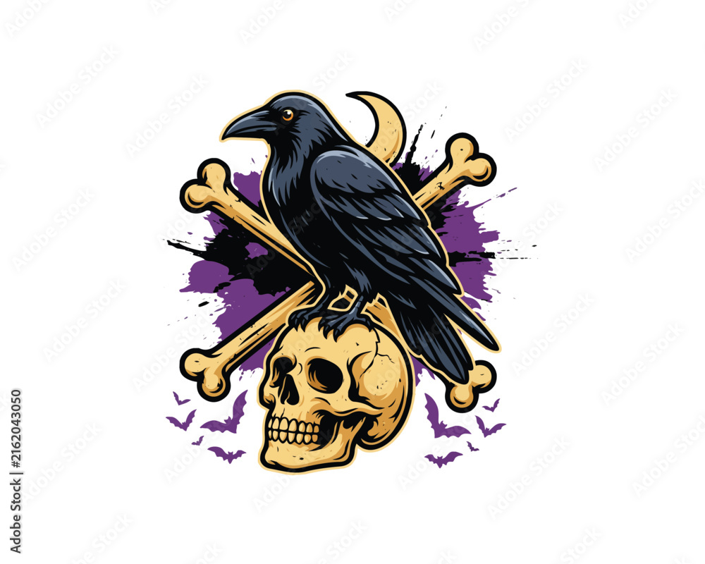 Naklejka premium Large raven sitting on skull vector illustration isolated on white background