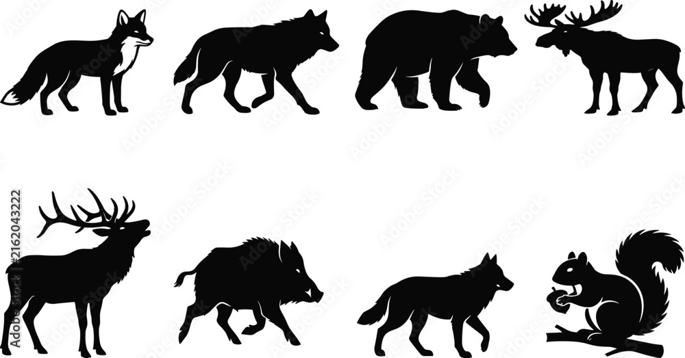 Obraz premium “Woodland animal silhouettes of fox, wolf, bear, moose, stag, boar, and squirrel vector illustration set”