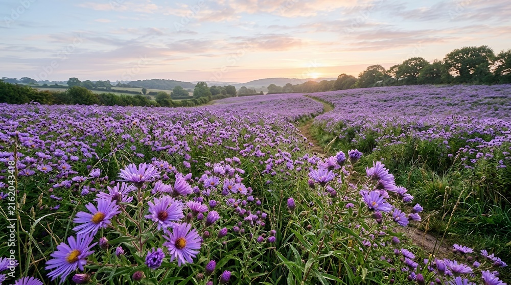 Fototapeta premium Beautiful Field of Purple Aster Flowers at Sunrise with Scenic Rolling Hills and Countryside Meadow Landscape Path