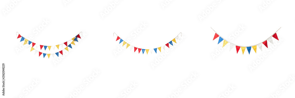 Obraz premium Colorful Party Bunting Flags Set Triangle Garland Banners Festival Celebration Decor Clipart Graphic Cutout Isolated Transparent Background PNG Design Elements