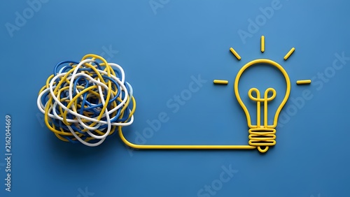 Untangling Business Problems 3D Render of Chaotic Tangled Wires Forming a Simple Yellow Lightbulb Idea Concept on Blue Background