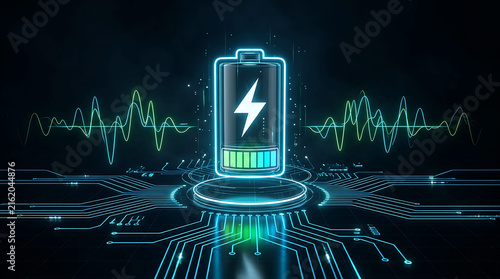 Futuristic glowing battery charging level indicator icon on circuit board background