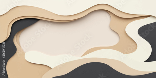 Abstract neutral beige black paper cut fluid shapes layered frame background vector template with space