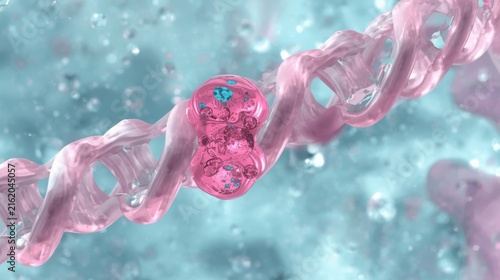 3D Illustration of a Pink Double Helix DNA Molecule with Glowing Core for Medical and Genetic Science Concept