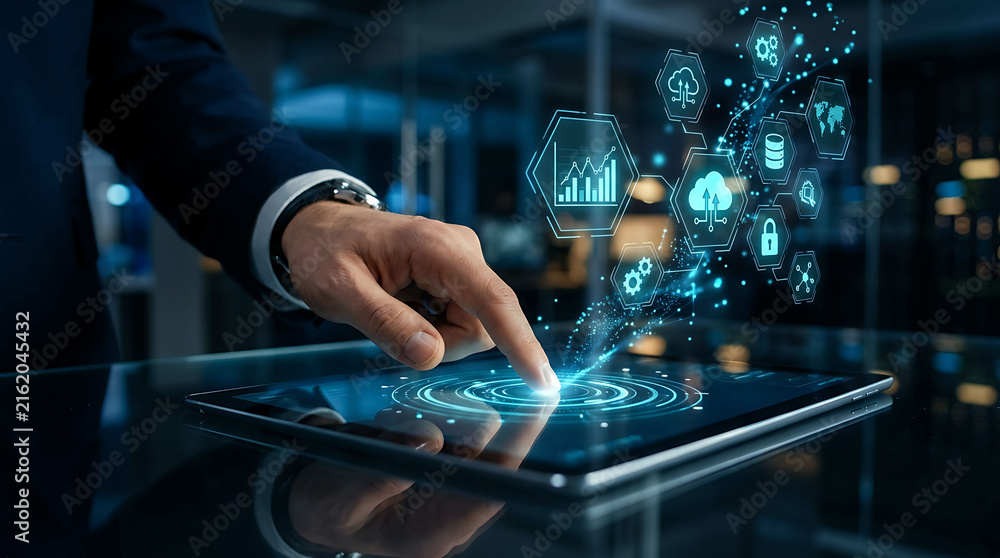 Fototapeta premium Businessman touching digital tablet with cloud computing network technology interface