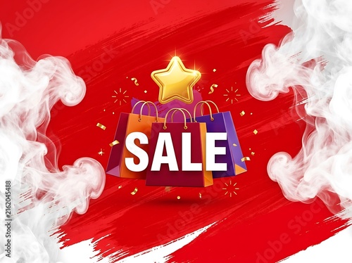Sale banner with shopping bags and gold star on red background