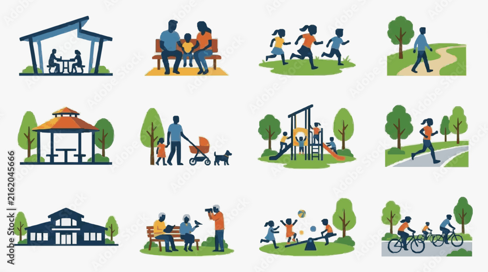 Naklejka premium Elegant Illustrated Collection of Diverse Park and Community Activities with Vibrant Characters and Scenes