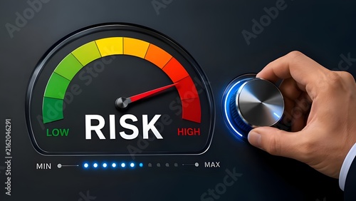 Hand turning a knob to increase the risk level on a gauge meter to high representing aggressive business investment strategy and danger
