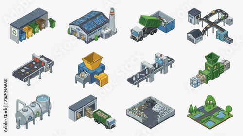 Elegant Isometric Infographic Illustrating the Entire Waste Recycling Process with Colorful Buildings Trucks and Machinery