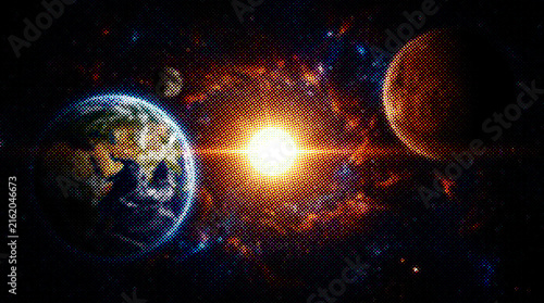 Conceptual illustration of earth and mars orbiting a bright star in deep space, representing planetary exploration and the vastness of the cosmos with halftone texture