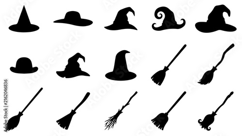 Set of witch hats and broomsticks silhouettes vector illustration