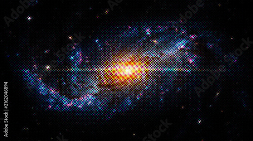 A vibrant spiral galaxy glowing in the deep darkness of space, featuring a bright golden core surrounded by swirling blue arms filled with sparkling stars and cosmic dust with halftone texture