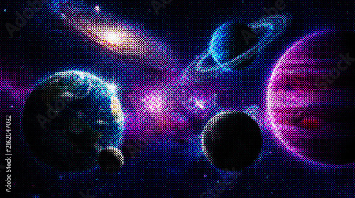 Cosmic space background with planets, stars, and a distant galaxy, featuring vibrant purple and blue nebula clouds in a stylized halftone dot art aesthetic with halftone texture