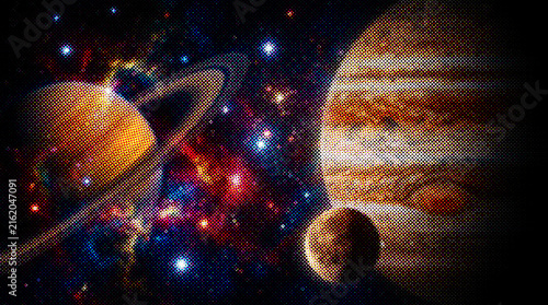 Cosmic scene featuring a ringed planet and a large gas giant with a moon in a vibrant, starfilled nebula space background with a retro halftone dot artistic effect with halftone texture