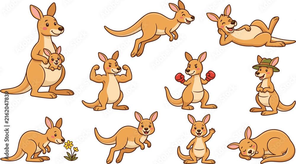 Fototapeta premium Cute Kangaroo Character Asset Set with Various Poses and Actions Including Joey in Pouch Boxing Muscle and Jumping for Australian Wildlife Graphic Designs