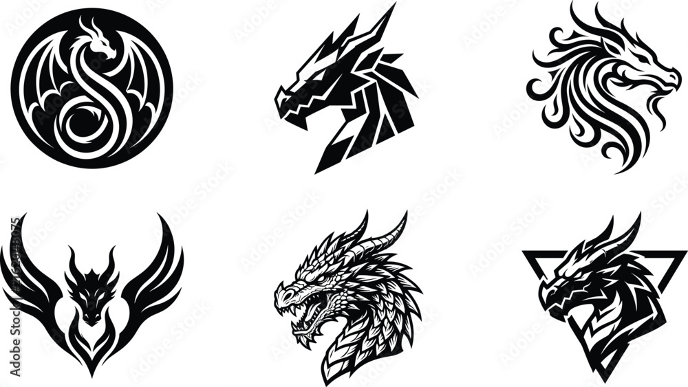 Fototapeta premium Black dragon head silhouette vector bundle collection with mythical monster icons for gaming logo emblem tattoo and mascot design