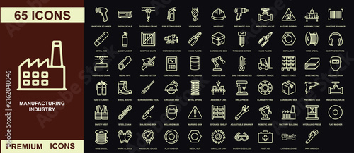 Sixty-five outline representing manufacturing industry, industrial tools, factory equipment, and safety