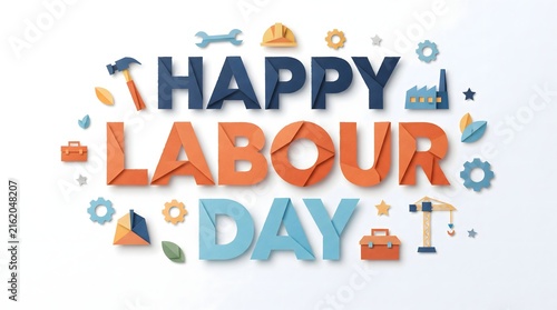 Happy labour day papercraft style celebration banner with engineering tools papercraft typography