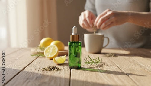 Natural herbal extract in a green bottle on a sunlit wooden table with citrus and herbs