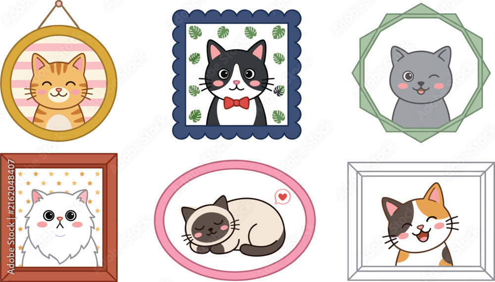 Fototapeta premium Cute cartoon cat portrait vector set featuring adorable kitten characters in various hanging picture frames including siamese calico and tuxedo breeds