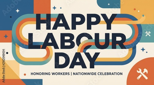 Happy labour day retro graphic design banner with geometric shapes and tools geometric celebration