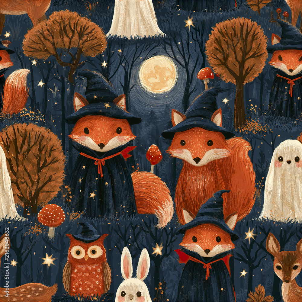 Naklejka premium Adorable woodland Halloween pattern with foxes dressed as witches under full moon in dark forest