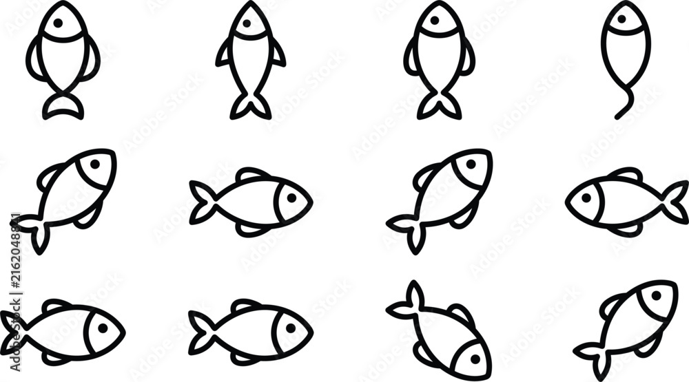 Fototapeta premium Minimalist fish line icon vector bundle featuring simple abstract aquatic animal symbols for seafood restaurant logo and fish market branding