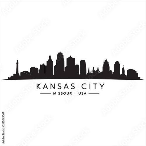 Minimalist black and white graphic illustration of the kansas city missouri skyline presented as a clean city silhouette