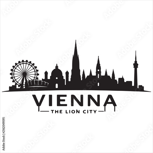 Minimalist graphic design featuring the iconic landmarks of the austrian capital city in a black and white silhouette