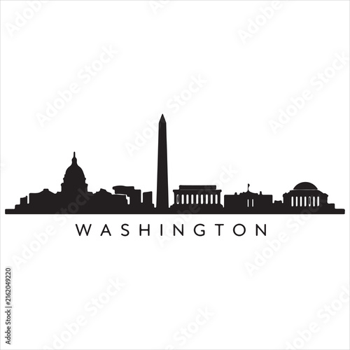 Minimalist graphic design featuring the famous landmarks of washington dc in a clean black and white silhouette