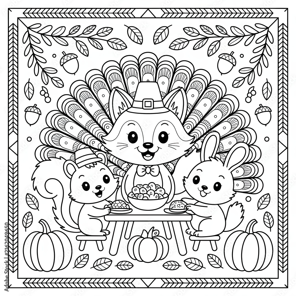 Fototapeta premium Thanksgiving coloring page with cute animals, turkey, squirrel and rabbit in autumn theme