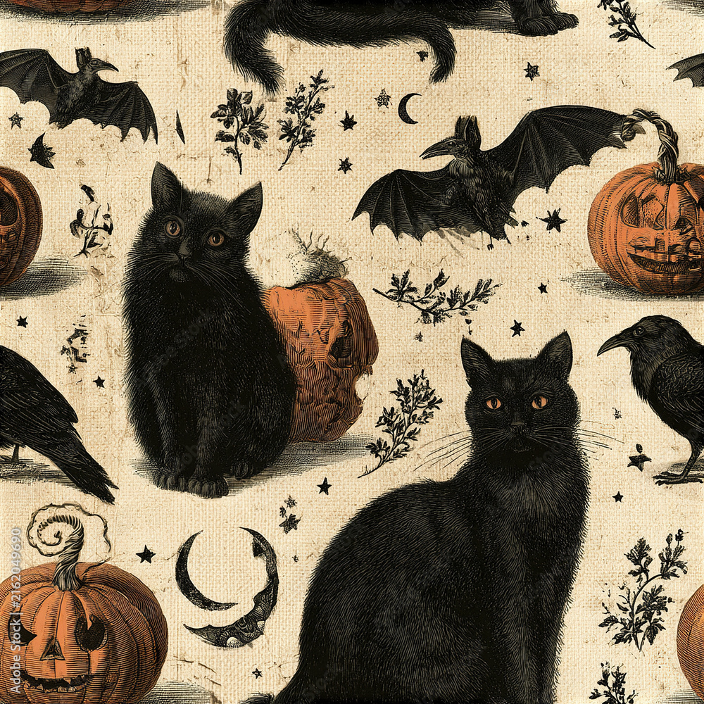 Naklejka premium Black cat pumpkin bat raven spooky Halloween vintage seamless pattern moon stars floral