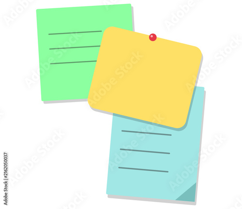 Three colorful sticky notes pinned together on a white background, paper